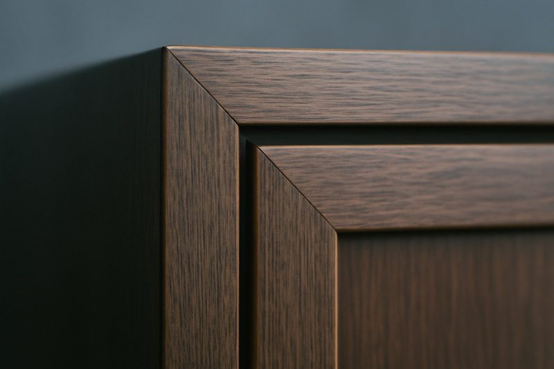 نمای نزدیک اتصال گونیای گوشهٔ قاب درب کابینت چوبی با لبه‌بندی صاف و دقیق