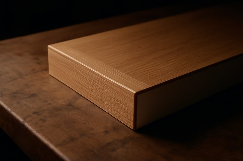 Edge of an MDF cabinet door with a matching, seamless edge band on a workshop bench
