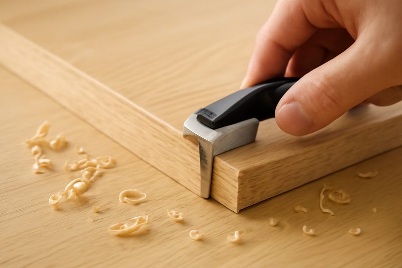 Close-up of a panel corner and a trimming tool finishing the edge band, with wood shavings