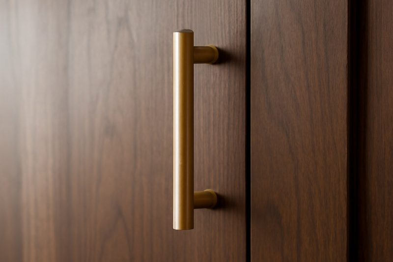 نمای نزدیک از دستگیرهٔ میله‌ای برنجی روی درب چوبی کابینت در نور طبیعی