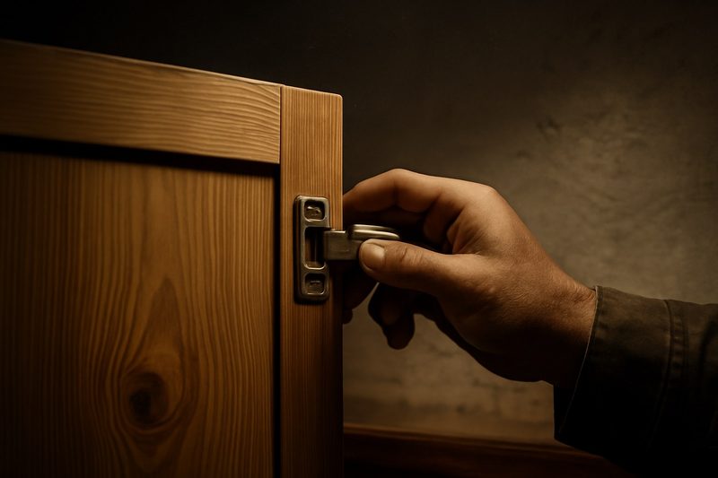 دست در حال بازکردن و بستن جک نرم‌بند یک درب کابینت آشپزخانه برای بررسی کیفیت