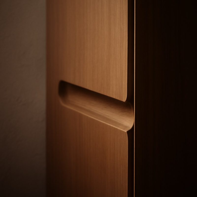 نمای نزدیک از لبهٔ درب تخت کابینت با شیار باریک به‌جای دستگیره و سطح لاک‌خوردهٔ یکدست