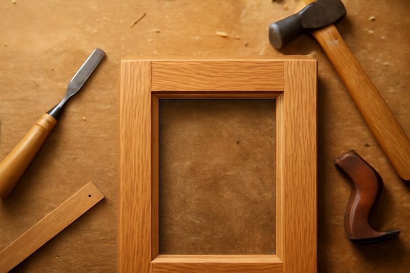نمای نزدیک از قاب‌بندی چوبی در گلاس یک کابینت و رگهٔ چوب اطراف شیشه