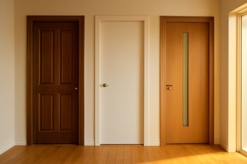 Bright apartment hallway with three interior wooden doors side by side: a solid walnut panel door, a white flush door and an oak veneer door with a glass strip