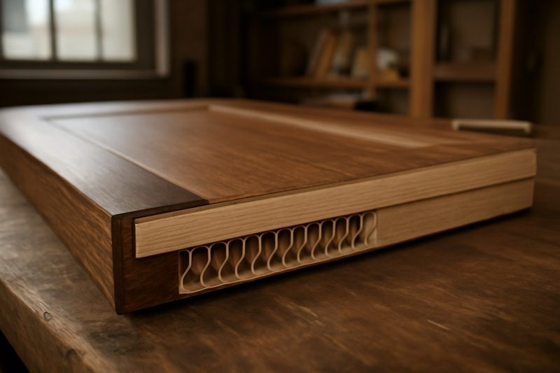 Cross-section of several door leaves on a workshop bench showing the timber frame, honeycomb core, MDF skin and wood veneer edge