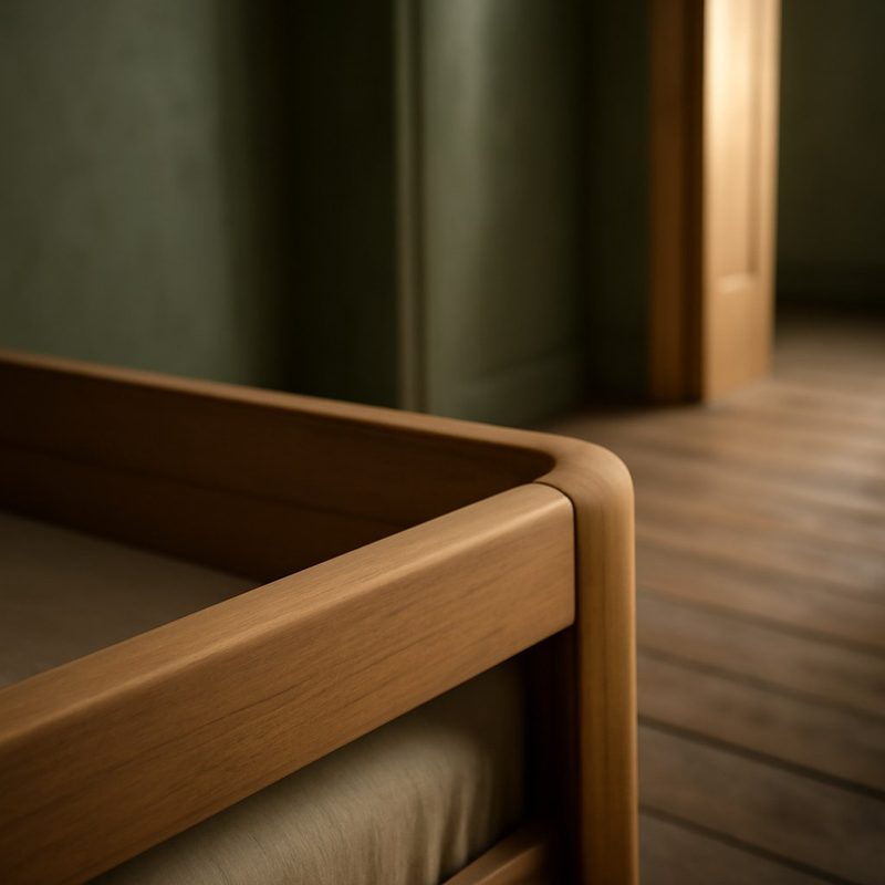 Close-up of a rounded wood corner on a child's bed frame with a matte oiled finish