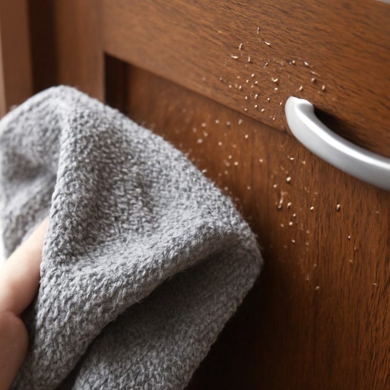 دستمال مرطوب در حال تمیزکردن سطح در کابینت چوبی نزدیک دستگیره