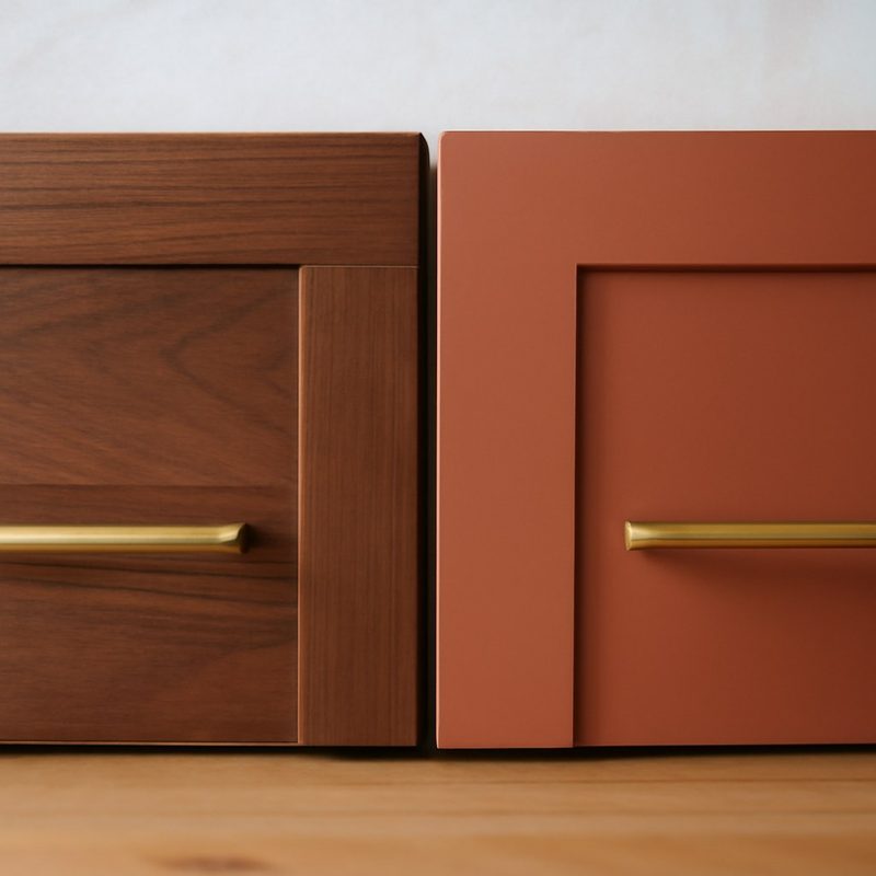 دو نمونهٔ رنگ کابینت کنار هم؛ روکش چوب گردو و رنگ ترکوتای مات