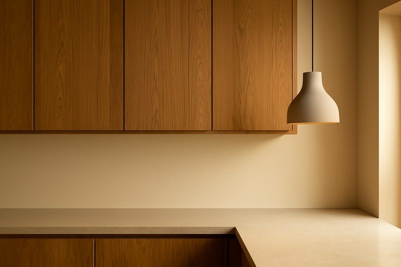 نمای نزدیک کابینت بالای آشپزخانه با فاصلهٔ مشخص از سطح کانتر و نور ملایم از بالا