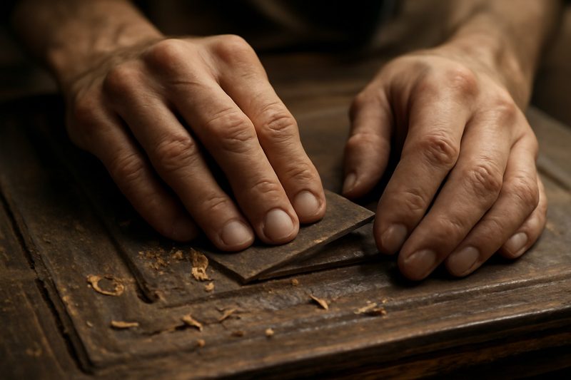 دستهای نجار در حال سمبادهزدن سطح یک درب چوبی قدیمی با برادههای چوب روی میز کار