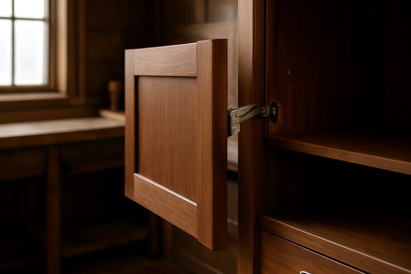 درب کابینت آشپزخانه چوبی در حال بسته‌شدن آرام با مکانیزم لولای نرم‌بسته‌شو