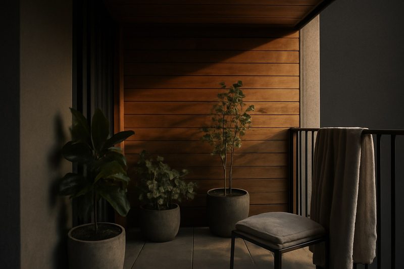 Small apartment balcony with walls and ceiling clad in warm brown thermowood boards and green potted plants in evening light