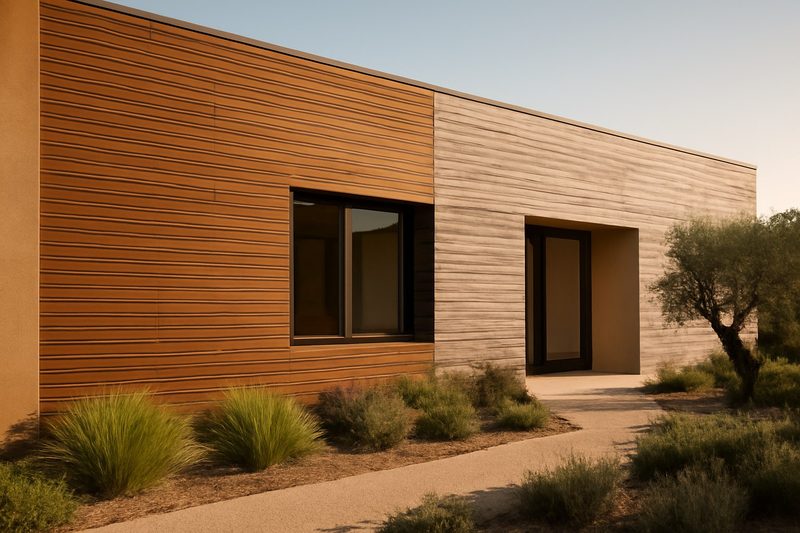 Villa exterior wall clad with horizontal thermowood boards, half deep brown and half weathered to silver grey by the sun