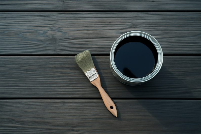 تخته‌های تراس ترمووود با قلم‌مو و قوطی روغن چوب در نور آفتاب