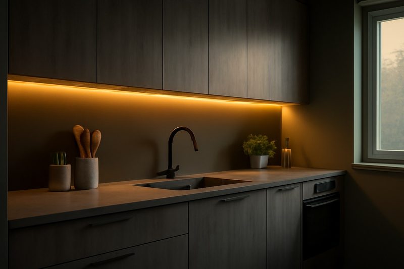آشپزخانه مدرن در غروب با نور گرم LED زیر کابینت‌های بالایی که روی سطح کار می‌افتد