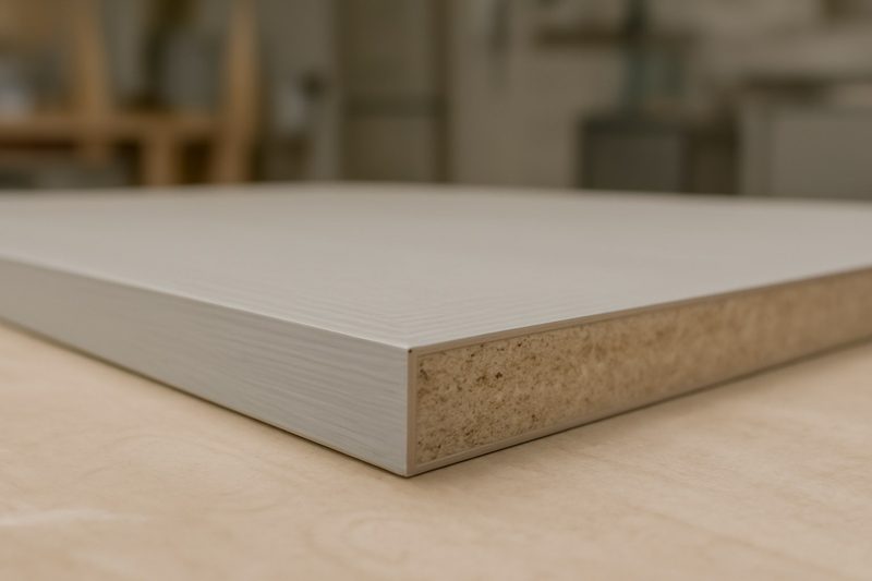 نمای نزدیک از لبهٔ درب کابینت با فویل PVC دور هستهٔ ام‌دی‌اف پیچیده شده