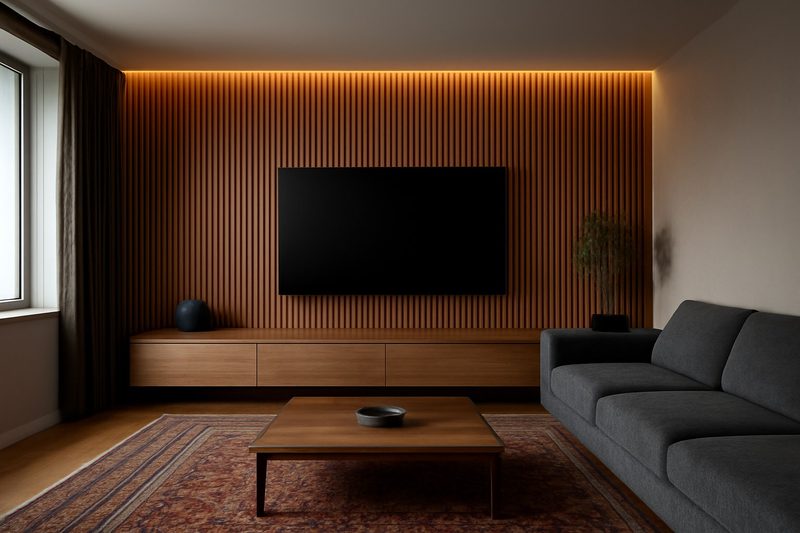 Wood accent wall behind a TV with a matching wood media console in a modern living room