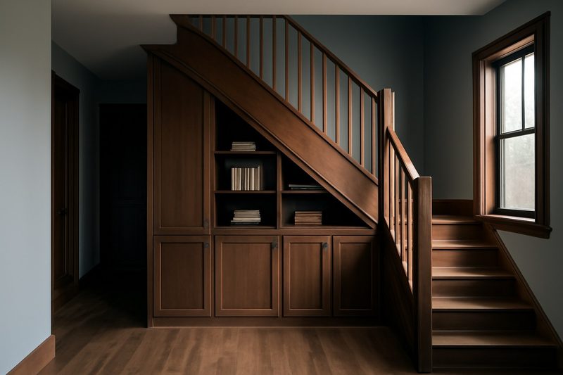 A wooden staircase at home with built-in wood cabinets and shelving fitted underneath