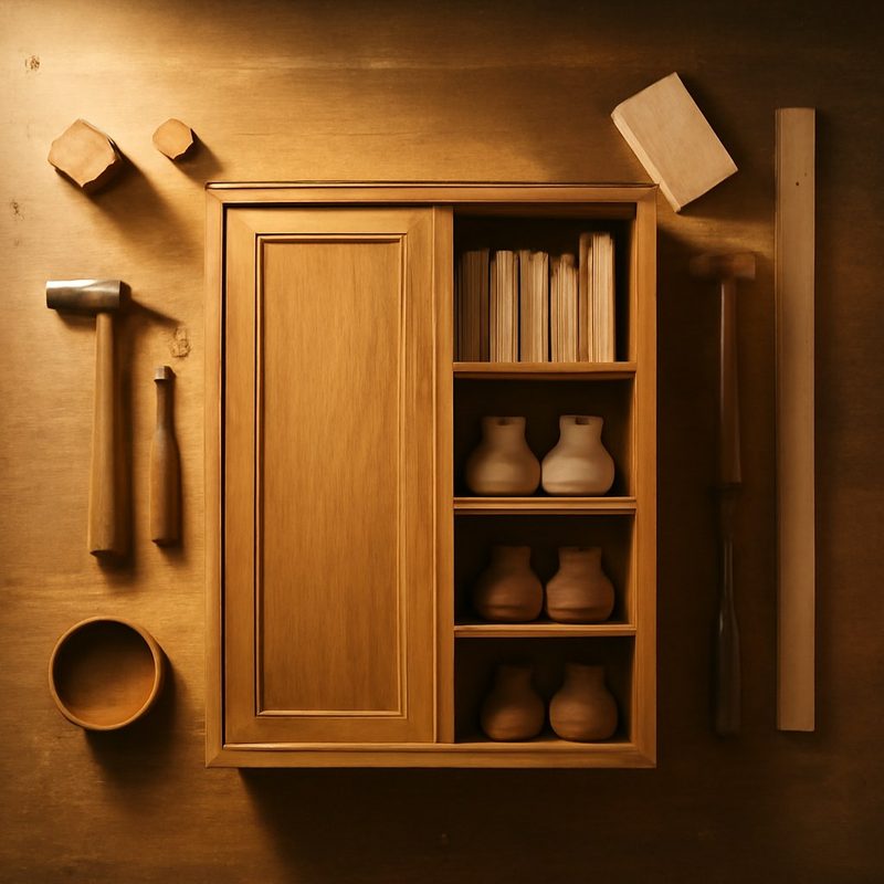 A narrow hallway with a wall-mounted wood cabinet and open shelving organizing shoes and books