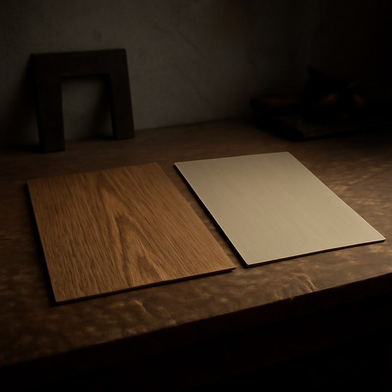 مقایسهٔ نزدیک دو نمونه پنل کابینت، یکی با روکش طبیعی چوب و دیگری با روکش مصنوعی پی‌وی‌سی روی میز کارگاه