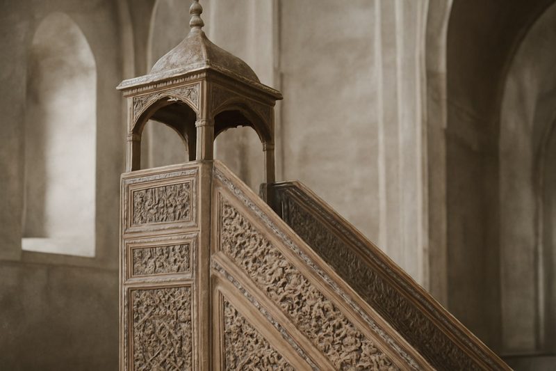 منبر چوبی منبت‌کاری‌شدهٔ قدیمی با نقوش هندسی در فضای داخلی یک بنای تاریخی