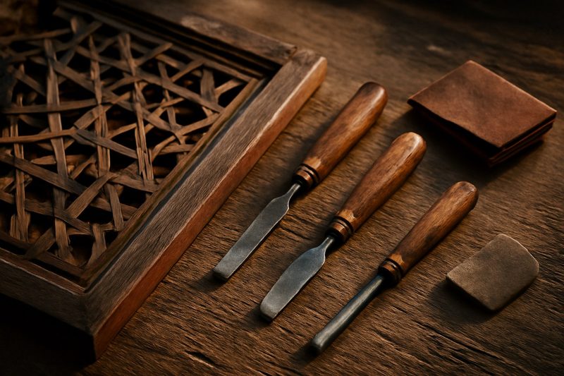 نمای نزدیک یک قاب منبت‌کاری‌شدهٔ هندسی کنار ابزار دستی مرمت روی میز کار