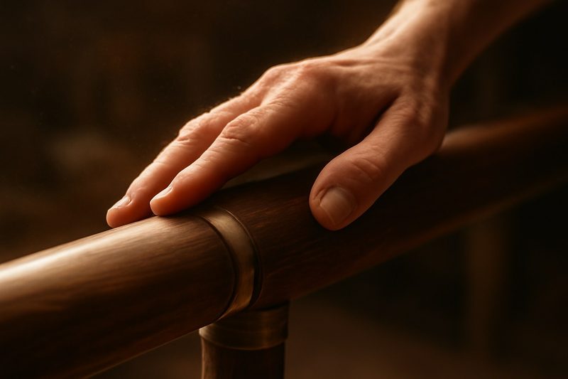 نمای نزدیک از اتصال دستگیرهٔ چوبی نرده به میل‌پایه در حال سمباده‌کاری توسط نجار